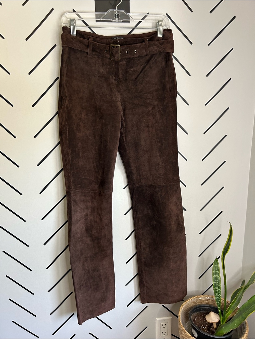 Vintage chocolate brown leather pants with belt straight leg